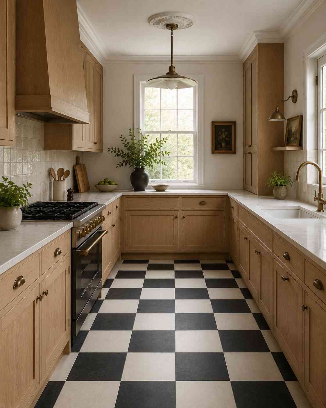 Ultra-realistic kitchen featuring natural white oak cabinets, a matte black-and-white checkerboard porcelain tile floor, white quartz countertops, warm brass hardware, classic pendant lighting, traditional trim details, warm wood accents, and abundant natural daylight in a timeless transitional design.