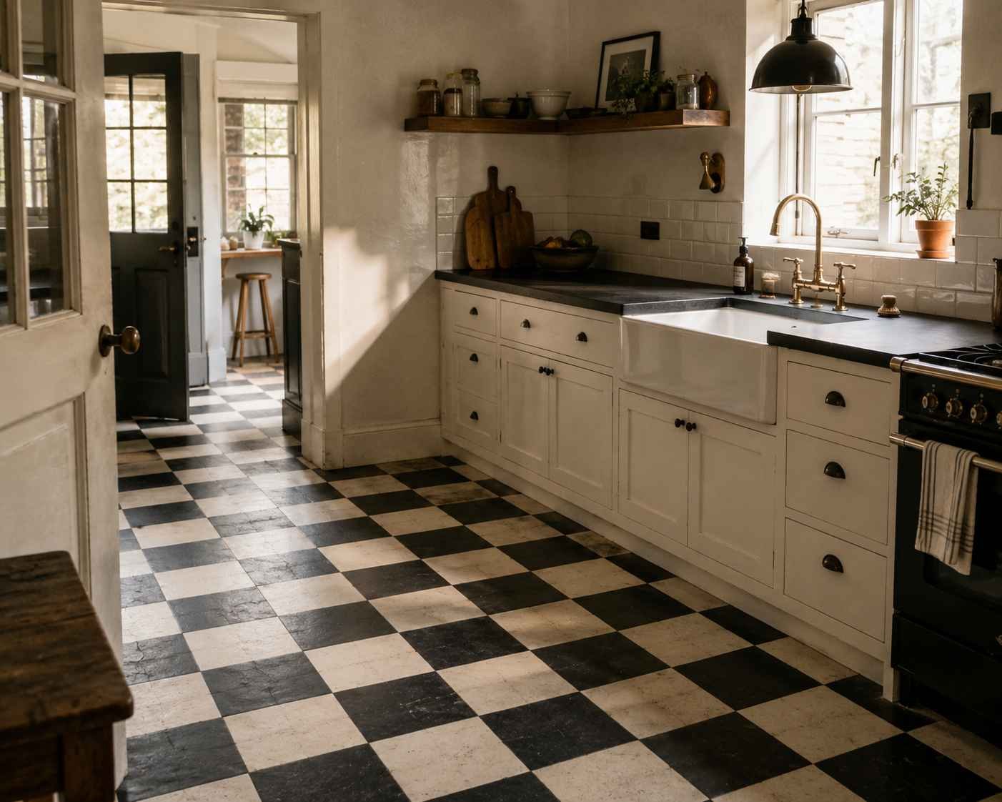 Wide view of a farmhouse-inspired kitchen featuring a black and white checkerboard tile floor, matte black countertop, white shaker cabinets, vintage pendant lighting, and warm natural daylight highlighting the worn tile texture.