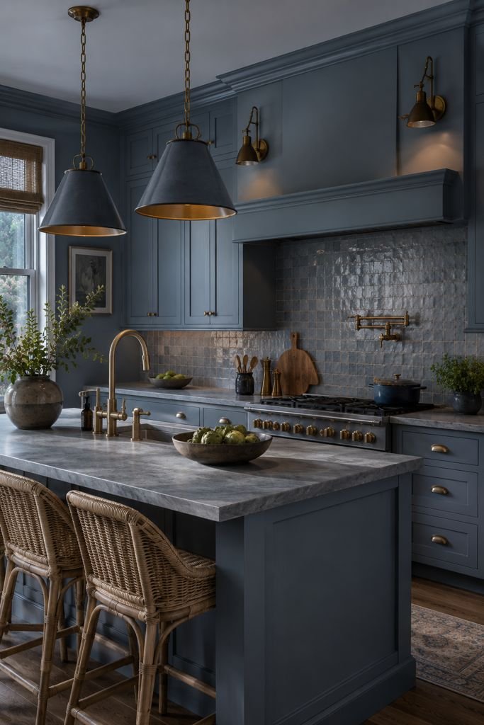 Photorealistic designer kitchen featuring a monochromatic blue-grey palette with matte painted cabinets, a honed stone countertop, woven rattan bar stools, a textured zellige-style tile backsplash, and warm ambient lighting balanced with natural daylight for a sophisticated, editorial-style interior.
