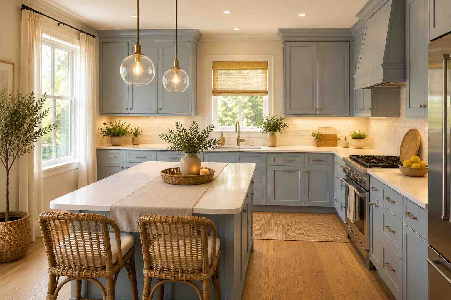 Bright modern kitchen featuring soft blue grey cabinets, warm pendant and under-cabinet lighting, white quartz countertops, woven rattan bar stools, light wood flooring, and large windows with sheer curtains.