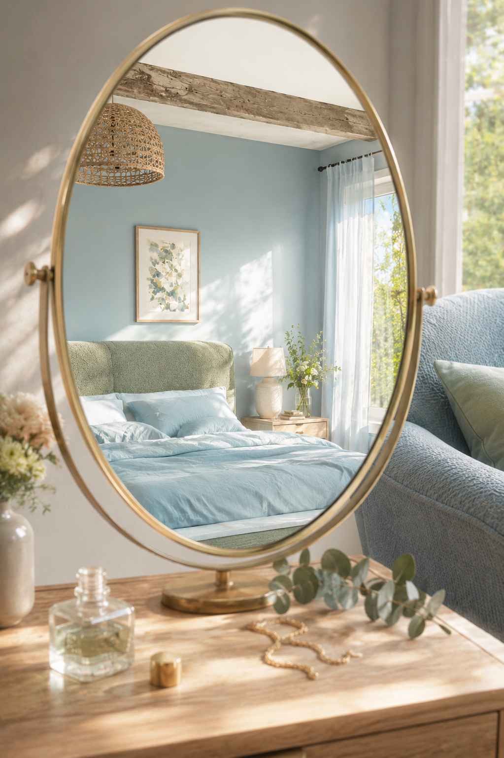 A bright and airy bedroom reflected in a round tabletop mirror, featuring soft blue bedding, a sage-green upholstered headboard, and warm natural sunlight streaming through sheer curtains. Light wood furniture, fresh flowers, and delicate décor create a calm, welcoming space with a fresh, elegant feel. 