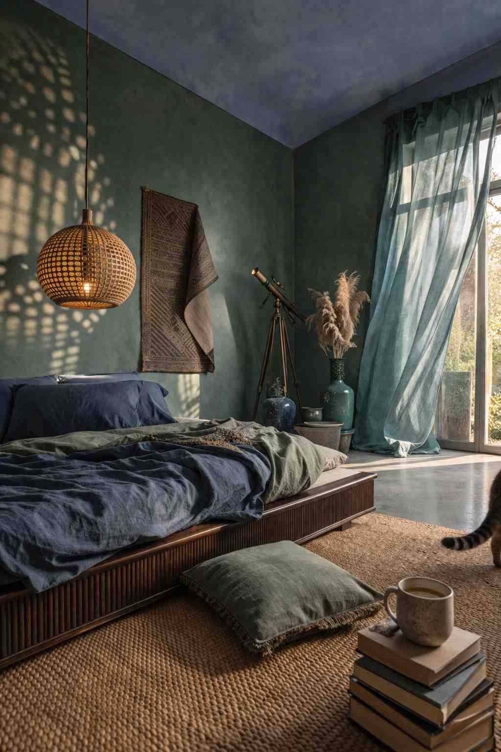 A cozy, moody bedroom with deep teal walls, soft blue bedding, and warm woven pendant lighting. Sunlight filters through sheer curtains, while a telescope, decorative vases, and a steaming mug create a peaceful atmosphere. A curious cat walking into the room adds a warm, lived-in touch. 