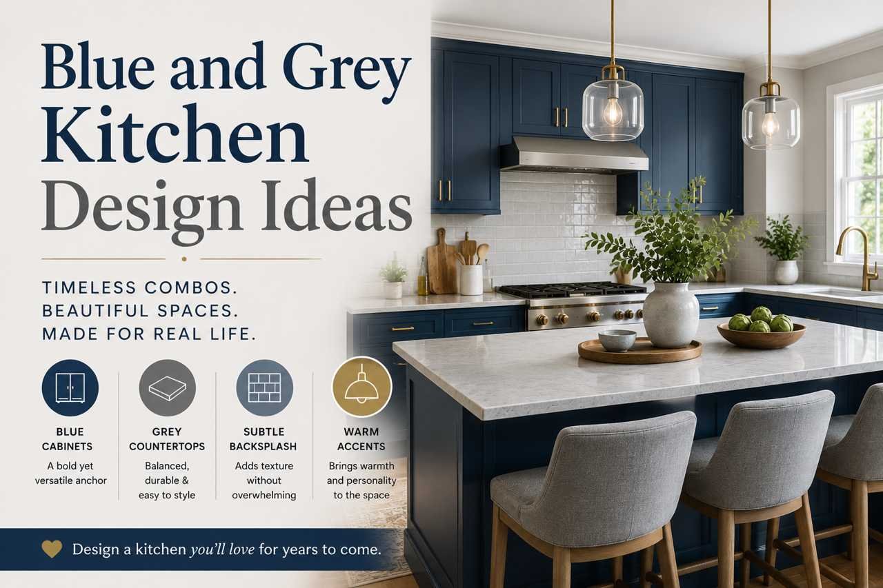 Featured image for a kitchen design article showcasing a modern kitchen with deep blue cabinets, light grey countertops, brass fixtures, pendant lighting, and a spacious island. The graphic includes the headline "Blue and Grey Kitchen Design Ideas" and highlights timeless color combinations, backsplashes, countertops, and warm accents for creating a stylish, functional kitchen.