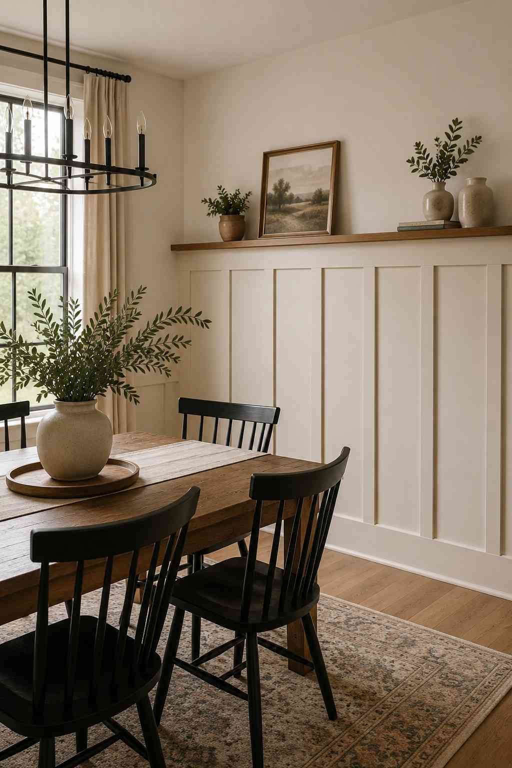 Modern farmhouse dining room with white board and batten wall paneling, a reclaimed wood dining table, black spindle chairs, a floating wood shelf, and neutral decor in warm natural light.