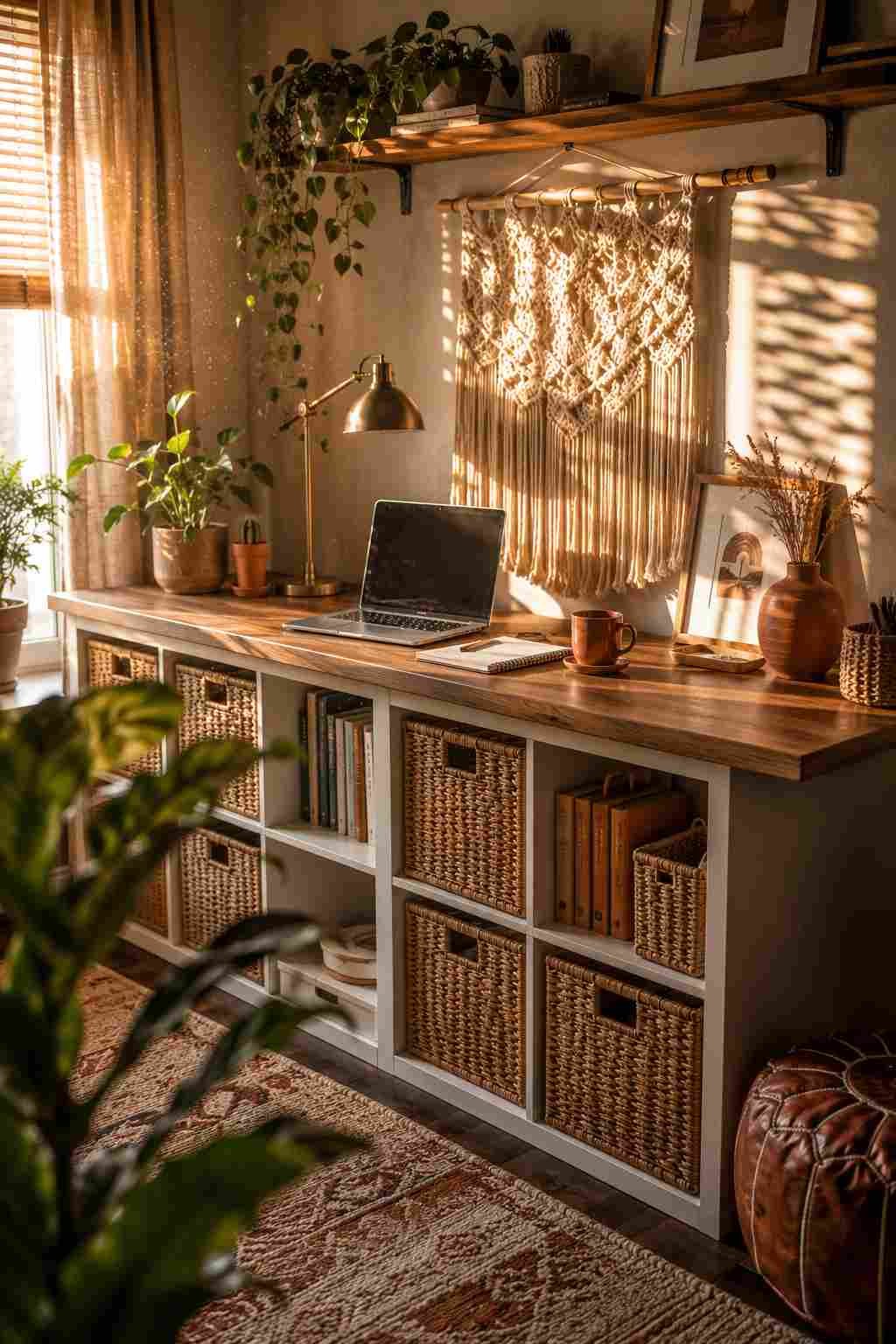 Boho-style IKEA KALLAX desk with woven baskets, macramé wall hanging, wood countertop, indoor plants, and a warm, inviting home office. 
