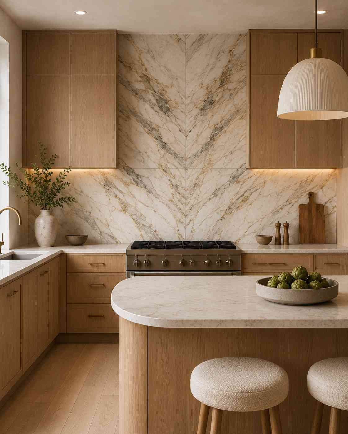 Ultra-realistic luxury kitchen featuring a full-height book-matched natural stone backsplash with mirrored veining behind the range, natural white oak upper and lower cabinets, a white stone island, minimalist brass hardware, upholstered stools, warm wood flooring, and soft ambient lighting in a sophisticated contemporary design.