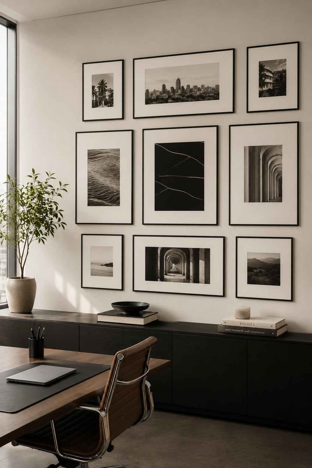 Modern office gallery wall with black-framed photography and prints arranged in a symmetrical grid 