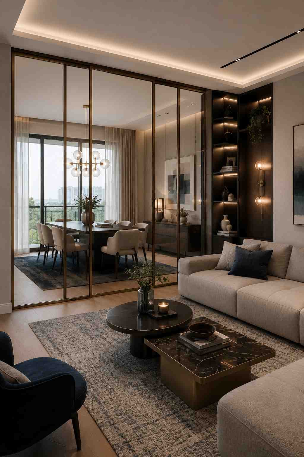 Slim bronze framed glass partition dividing the living room and dining area in a modern contemporary home. 