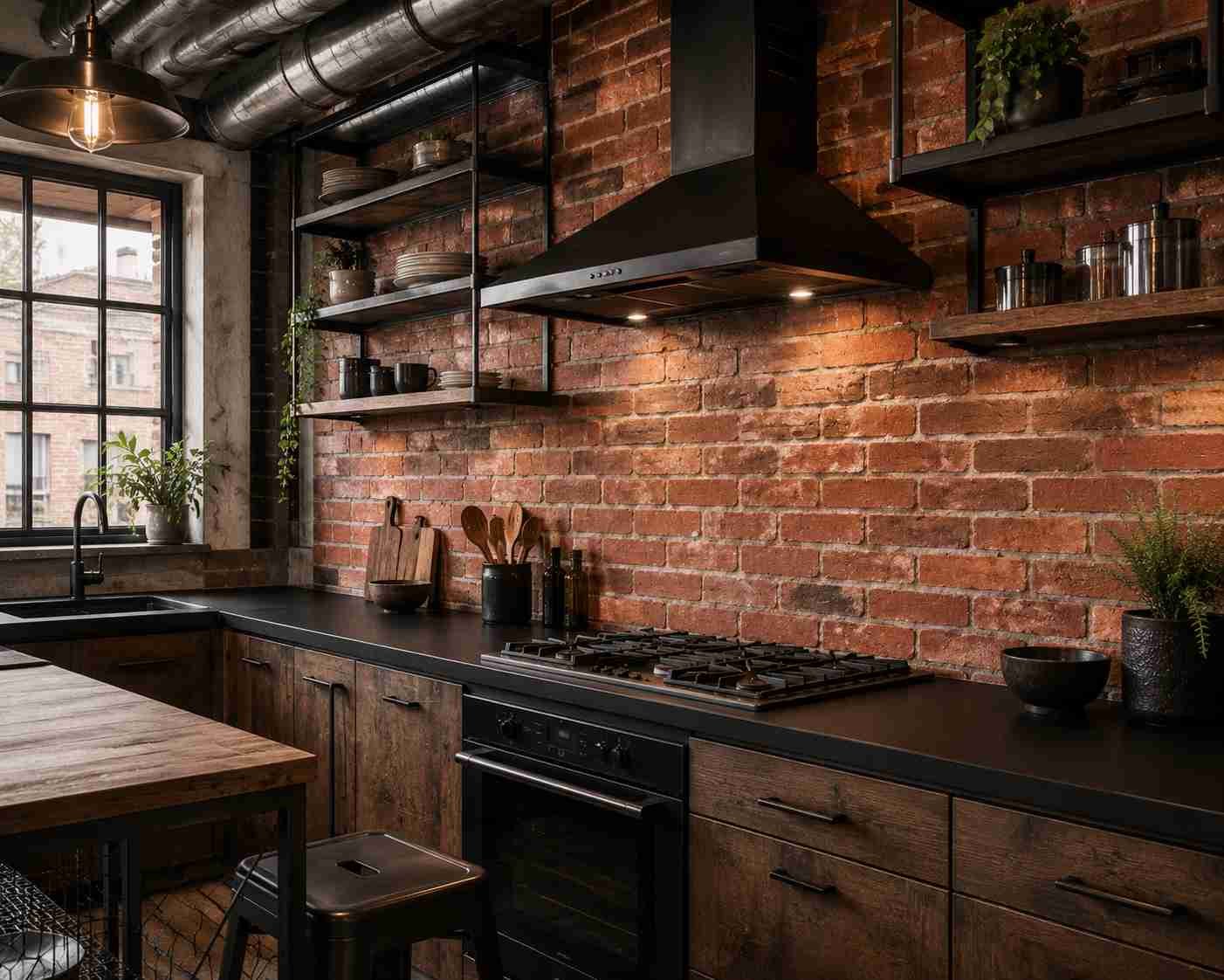 Industrial-style kitchen featuring a red brick look tile backsplash, matte black countertop, black metal shelving, exposed ductwork, steel-framed windows, and warm pendant lighting creating a modern loft-inspired space.