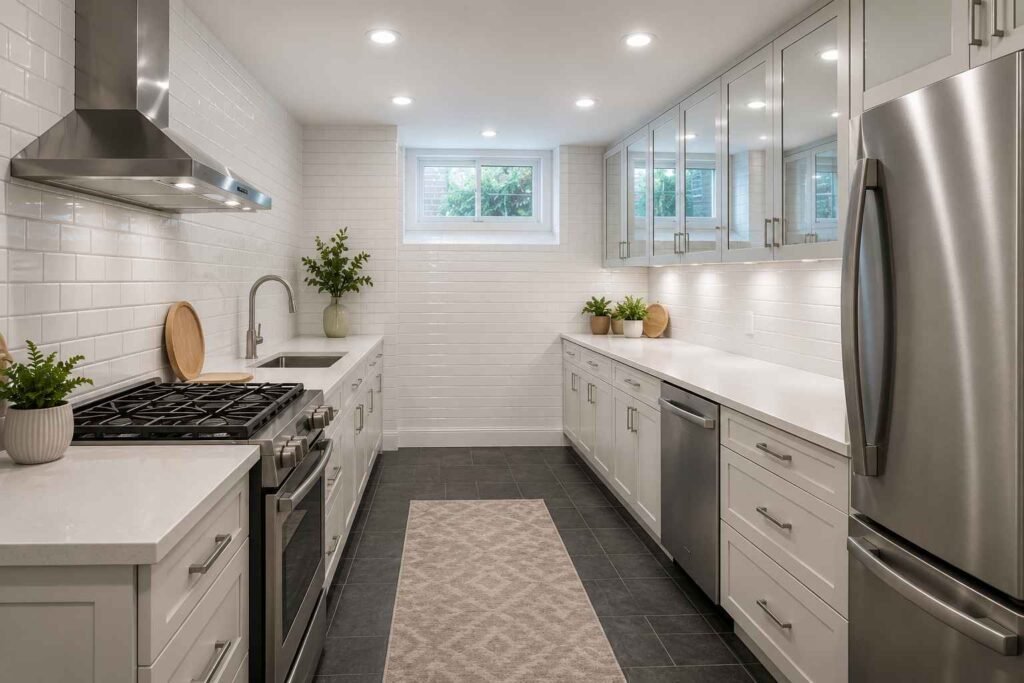 A bright English basement kitchen featuring glossy white subway tiles extending to the ceiling, mirrored glass-front upper cabinets, white countertops, stainless steel appliances, cool-white recessed lighting, and a dark charcoal floor that creates a clean, modern, and spacious feel despite the low ceiling and limited natural light.