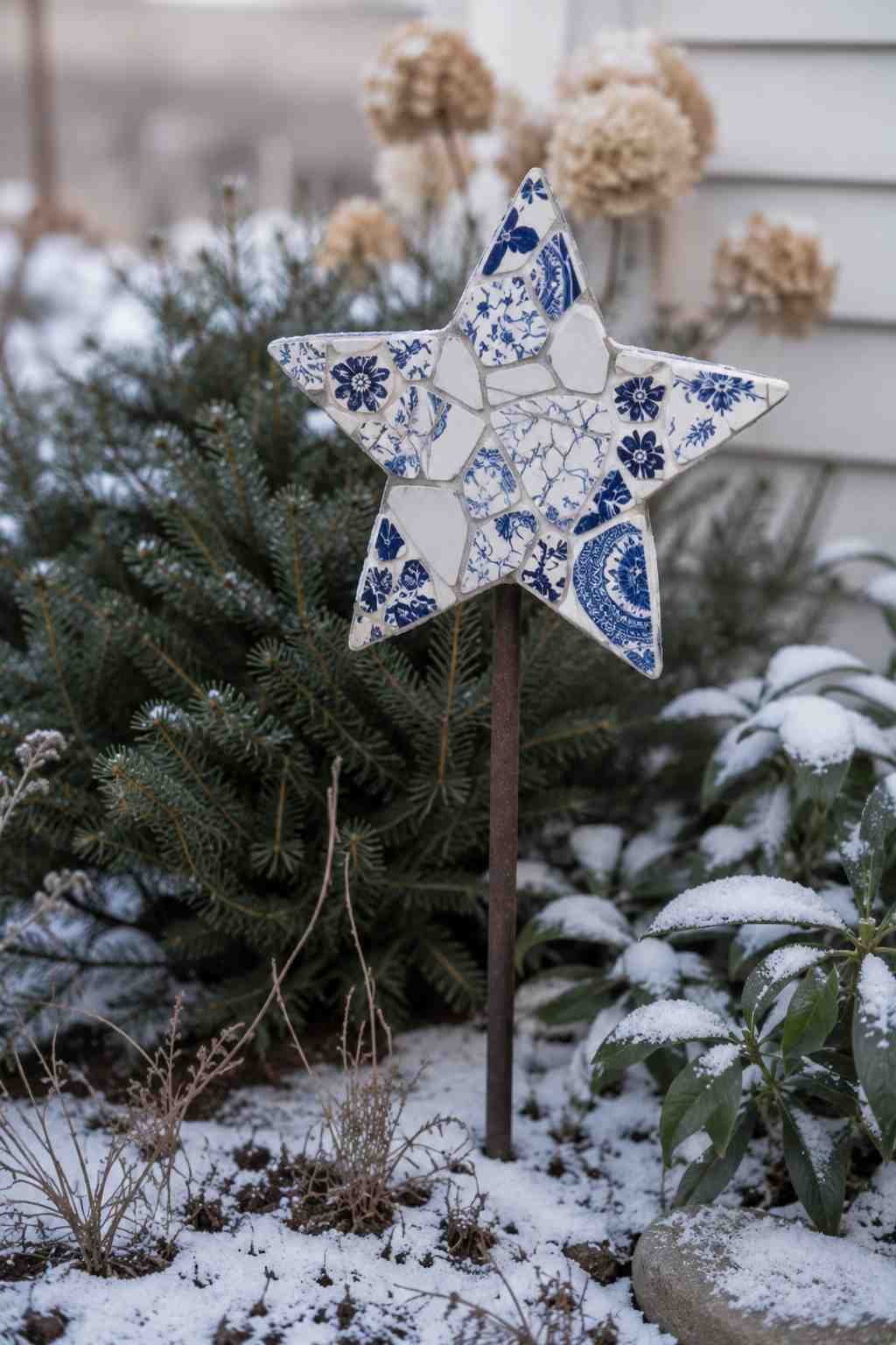 A blue-and-white mosaic star garden stake stands among evergreen plants in a lightly snow-covered winter garden.