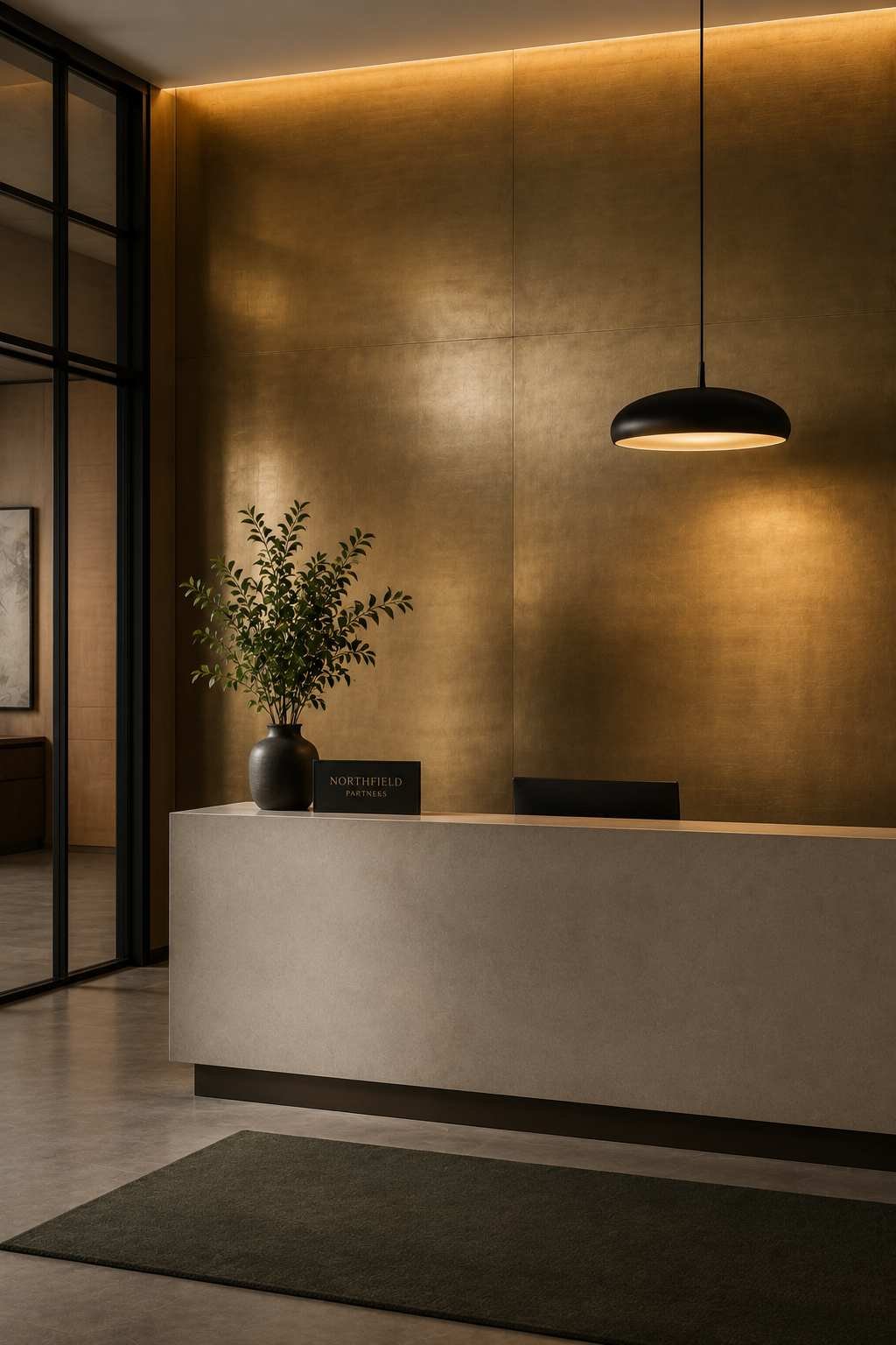 Brushed brass metallic accent wall behind a modern office reception desk with a statement light fixture 
