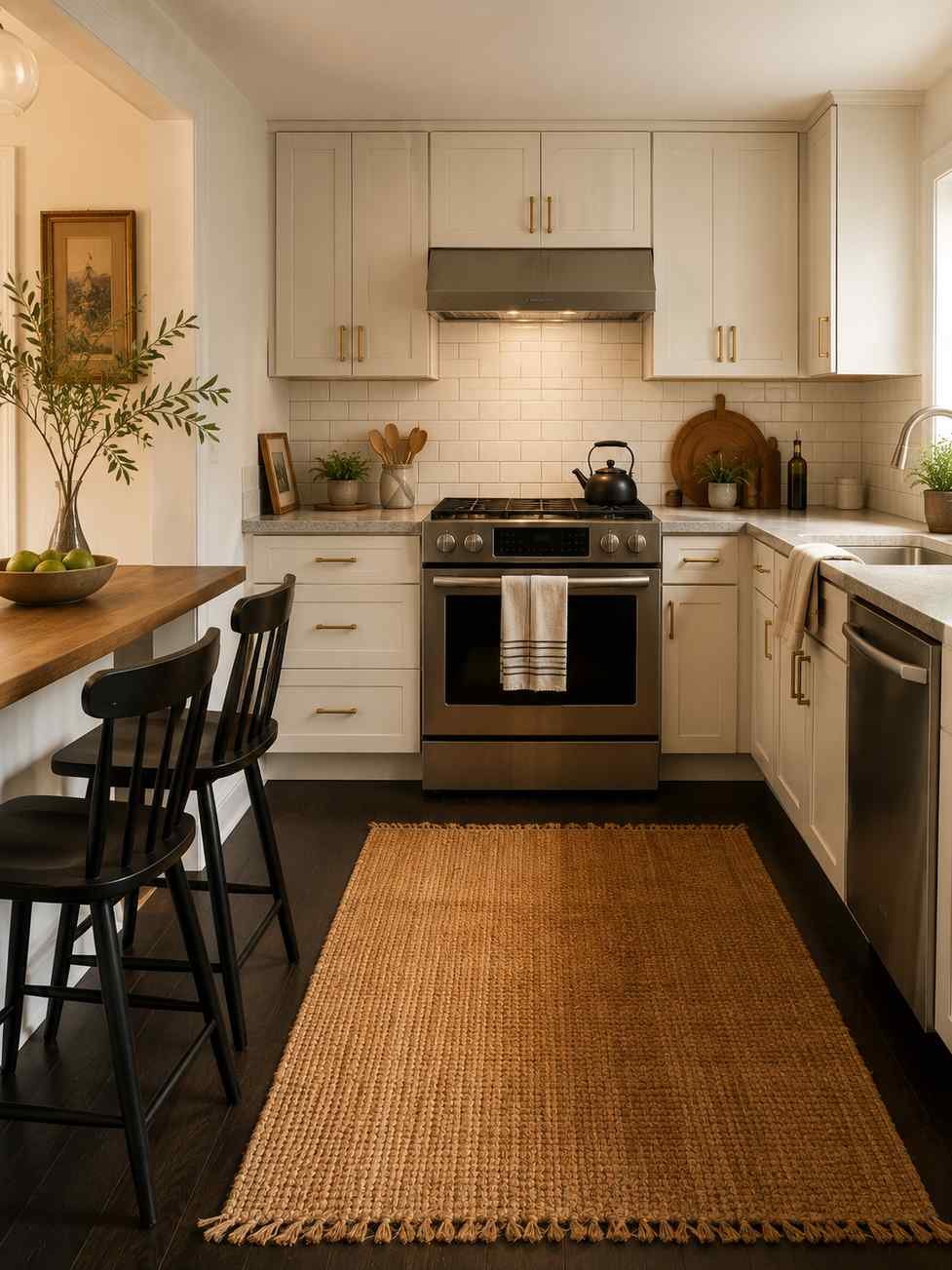 A cozy rental kitchen with white cabinets, a peel-and-stick white subway tile backsplash behind the range, updated brass cabinet pulls, dark wood flooring, and a large natural jute rug that softens the space. The affordable upgrades brighten the kitchen while preserving the original flooring, making it ideal for renters seeking a low-cost refresh.
