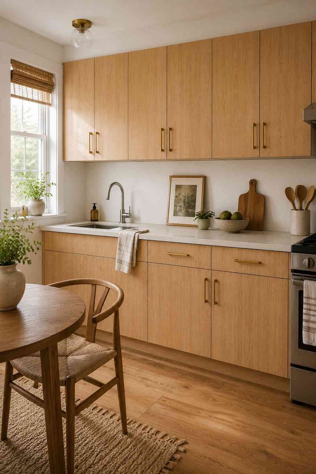 Ultra-realistic budget-friendly kitchen featuring flat-front cabinets wrapped in peel-and-stick white oak woodgrain vinyl, brass cabinet pulls, white quartz-look countertops, stainless steel appliances, a small round wood dining table, warm oak flooring, and abundant natural daylight in a clean Scandinavian-inspired design.