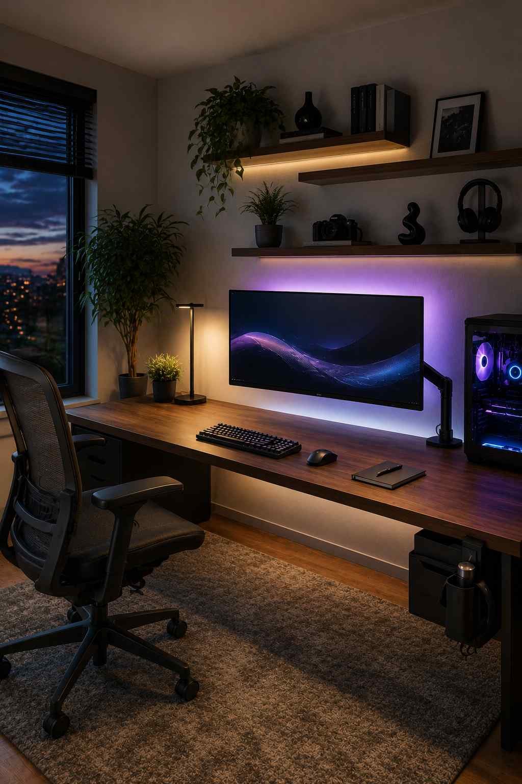 A modern, clutter-free desk setup featuring a walnut wood desk, an ultrawide monitor mounted on a slim monitor arm, a wireless keyboard and mouse, hidden cable management, an ergonomic office chair, subtle RGB backlighting, a gaming PC, floating shelves with plants and décor, and warm ambient lighting for a clean and productive workspace.