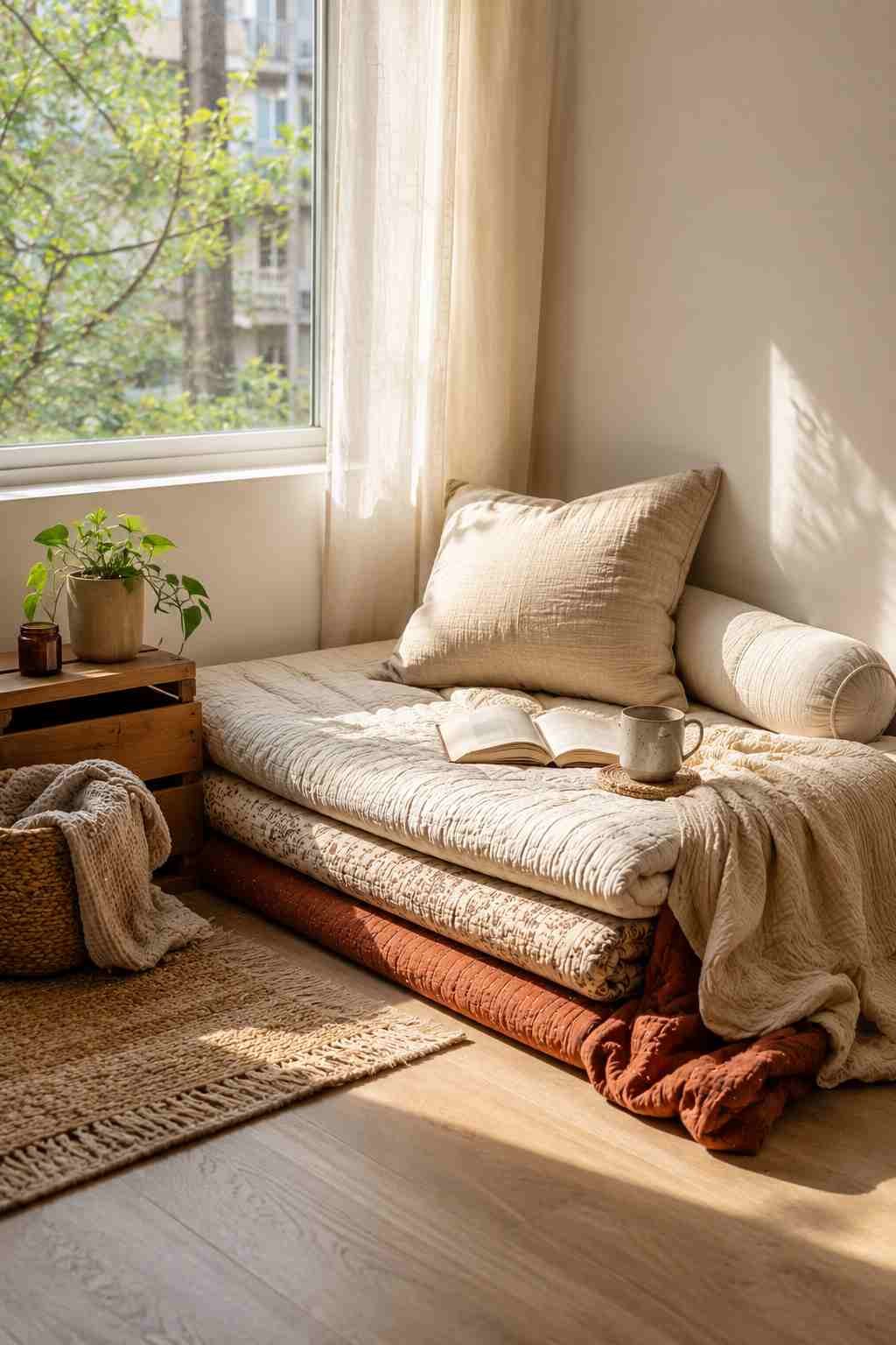 A cozy, sunlit reading nook beside a large window featuring layered floor cushions with cream pillows, an open book and ceramic mug on the seat, a small wooden side table with a potted plant, a woven basket with a blanket, and warm natural light streaming across a wooden floor