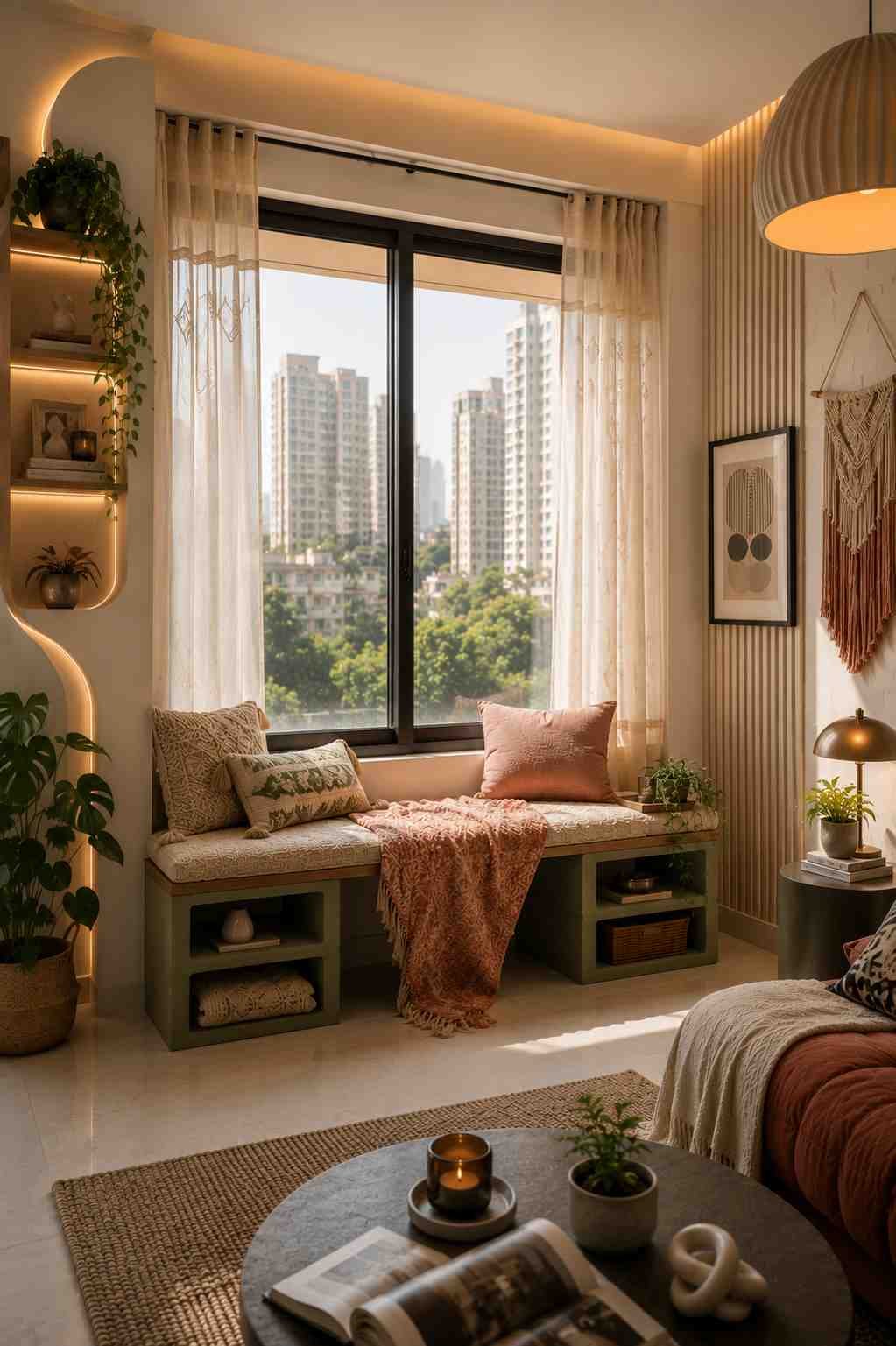 Bright window reading nook with a built-in bench, soft cushions, sheer curtains, warm accent lighting, and a relaxing city view through a large window. 