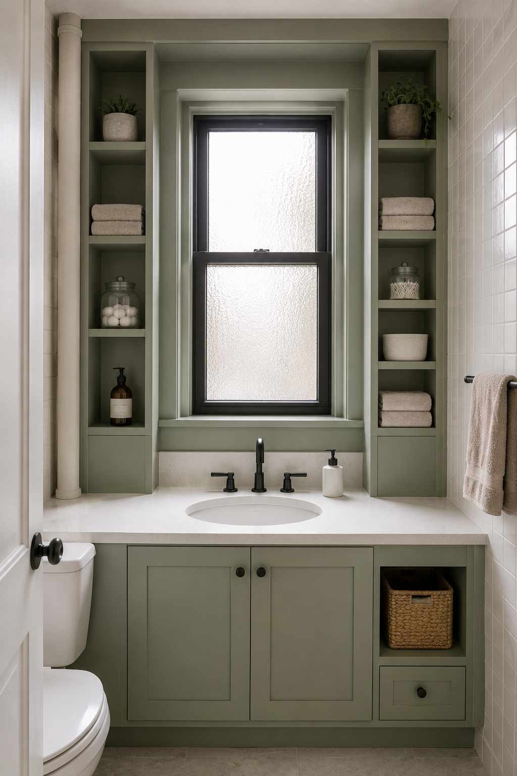 Built-in bathroom storage shelves around a window with sage green cabinetry, open shelving, and organized bathroom essentials