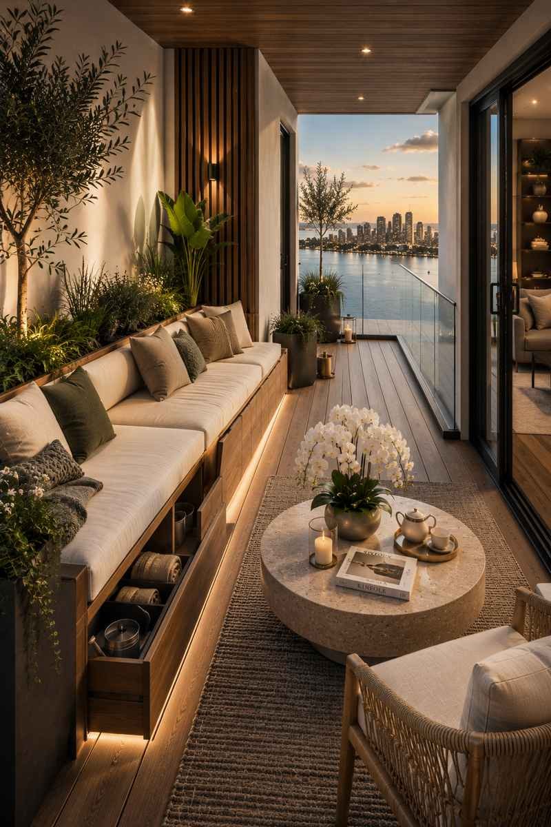 A cozy modern balcony with a built-in wooden bench, hidden storage, soft cushions, lush greenery, and a round stone coffee table overlooking a beautiful waterfront city skyline at sunset.
