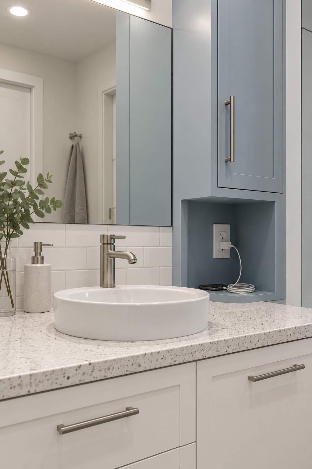 Blue bathroom storage cabinet with built-in charging station beside vanity