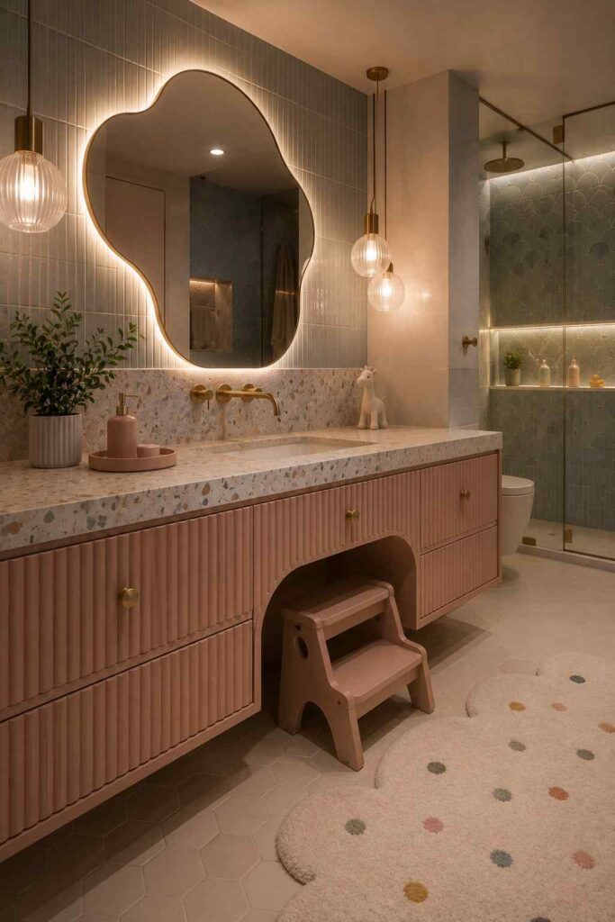 Modern family bathroom featuring a floating blush pink fluted vanity with an integrated terrazzo countertop, a large organically shaped backlit mirror, warm pendant lighting, playful décor with a small step stool, and a glass walk-in shower with soft blue scalloped tiles.