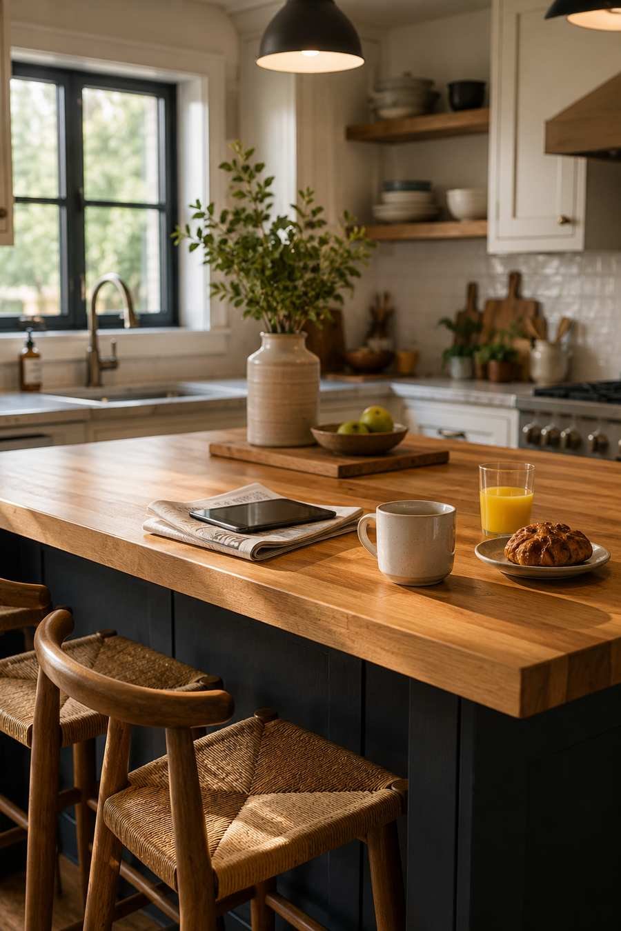 Warm modern kitchen with a butcher block breakfast bar island, navy island base, woven counter stools, white shaker cabinets, coffee mug, orange juice, pastry, and soft morning natural light creating a cozy breakfast nook.