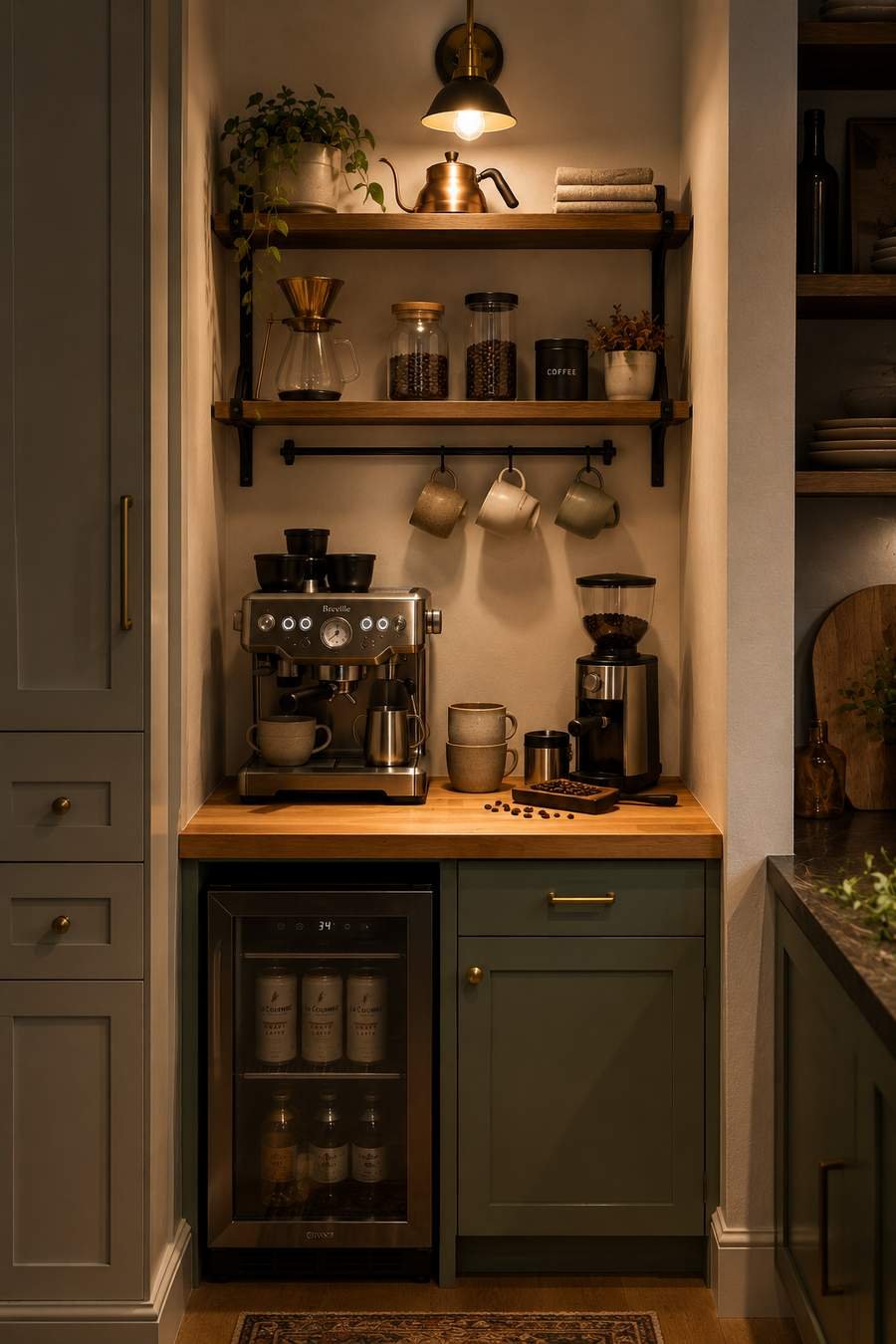 Cozy modern kitchen coffee bar featuring a butcher block countertop, espresso machine, coffee grinder, open wood shelves, sage green cabinetry, beverage fridge, hanging ceramic mugs, and warm ambient lighting.