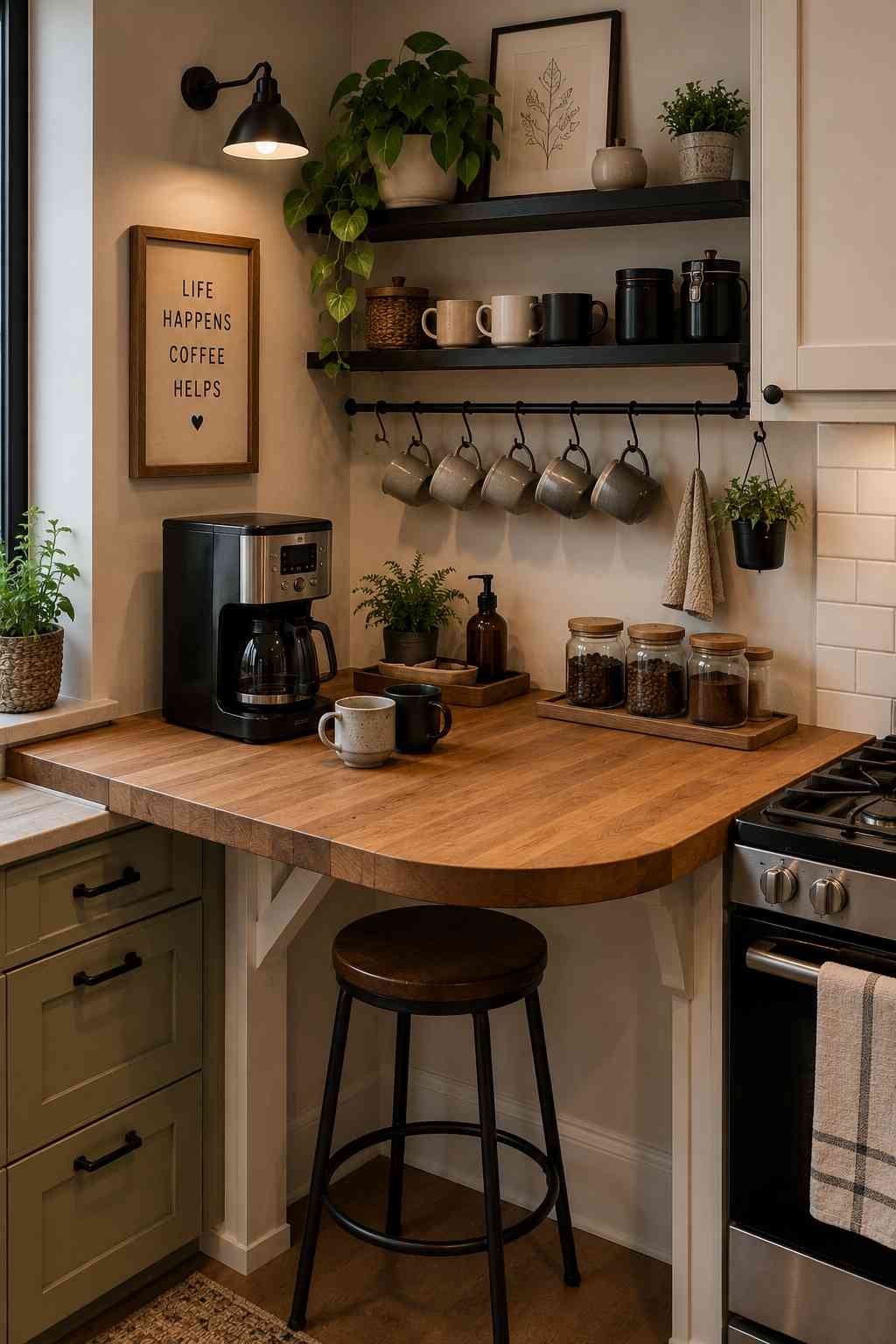 A compact breakfast bar coffee station with open shelves, hanging mugs, and a warm wooden countertop.