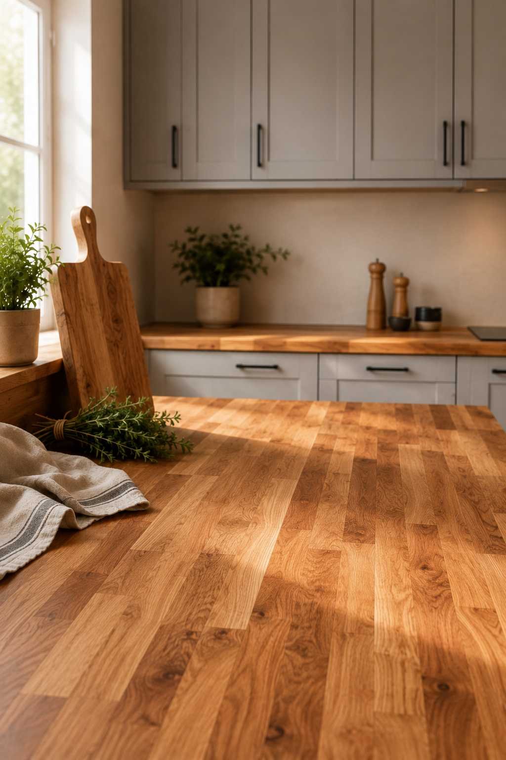 Warm butcher block kitchen countertop with natural wood grain, light grey shaker cabinets, matte black hardware, a wooden cutting board, fresh herbs, and soft natural window light.