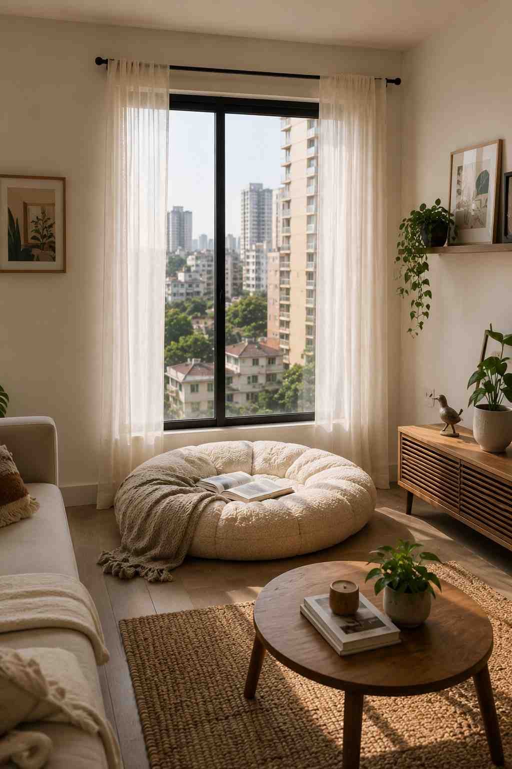 Minimalist living room featuring a plush round floor cushion by a sunlit window, sheer curtains, wooden furniture, and a peaceful city skyline view. 