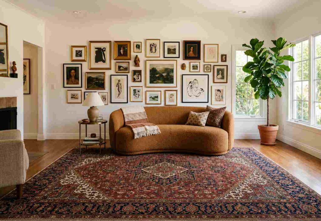 Living room with a caramel bouclé curved sofa facing a gallery
wall of framed art, a vintage-pattern rug, and a fiddle leaf fig.
