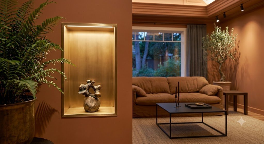 Caramel linen relaxed sofa on terracotta walls, shot low-angle
with an illuminated sculptural wall niche in the foreground