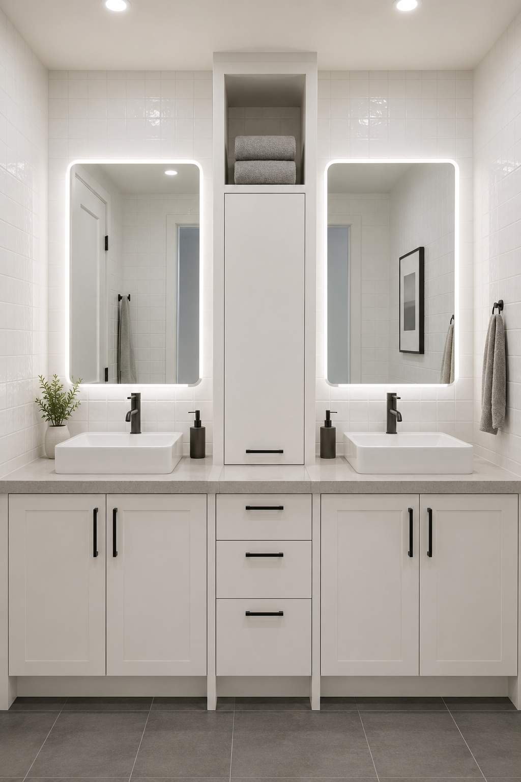 Bathroom vanity tower between double sinks with built-in storage and LED mirrors