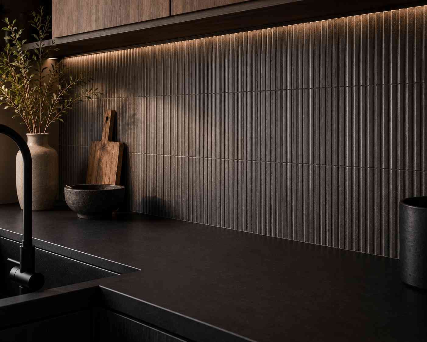 Modern kitchen featuring a charcoal grey ribbed tile backsplash, matte black countertop, warm wood cabinets, under-cabinet lighting, and soft natural light highlighting the textured fluted tile surface.