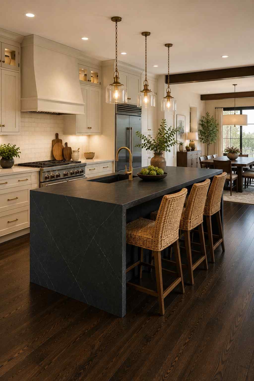 Open-concept kitchen featuring a charcoal waterfall island with a honed quartz countertop, cream perimeter cabinets, dark wood flooring, woven rattan bar stools, brass pendant lighting, and a seamless transition into the dining area for a luxurious modern kitchen design.