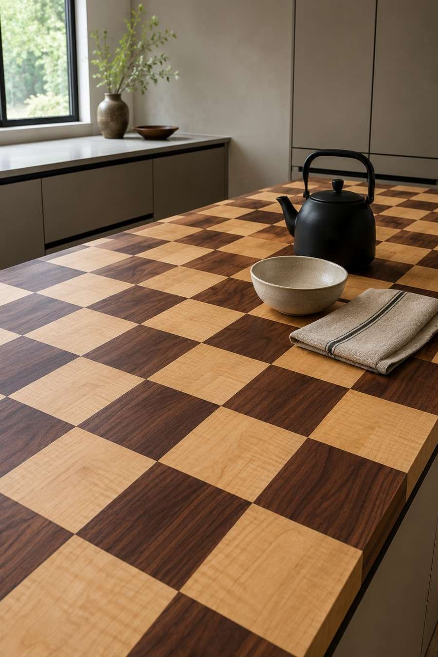 Modern kitchen featuring a checkerboard butcher block countertop crafted from alternating maple and walnut wood squares, paired with warm greige slab cabinets, minimalist styling, and bright natural daylight in a contemporary design.