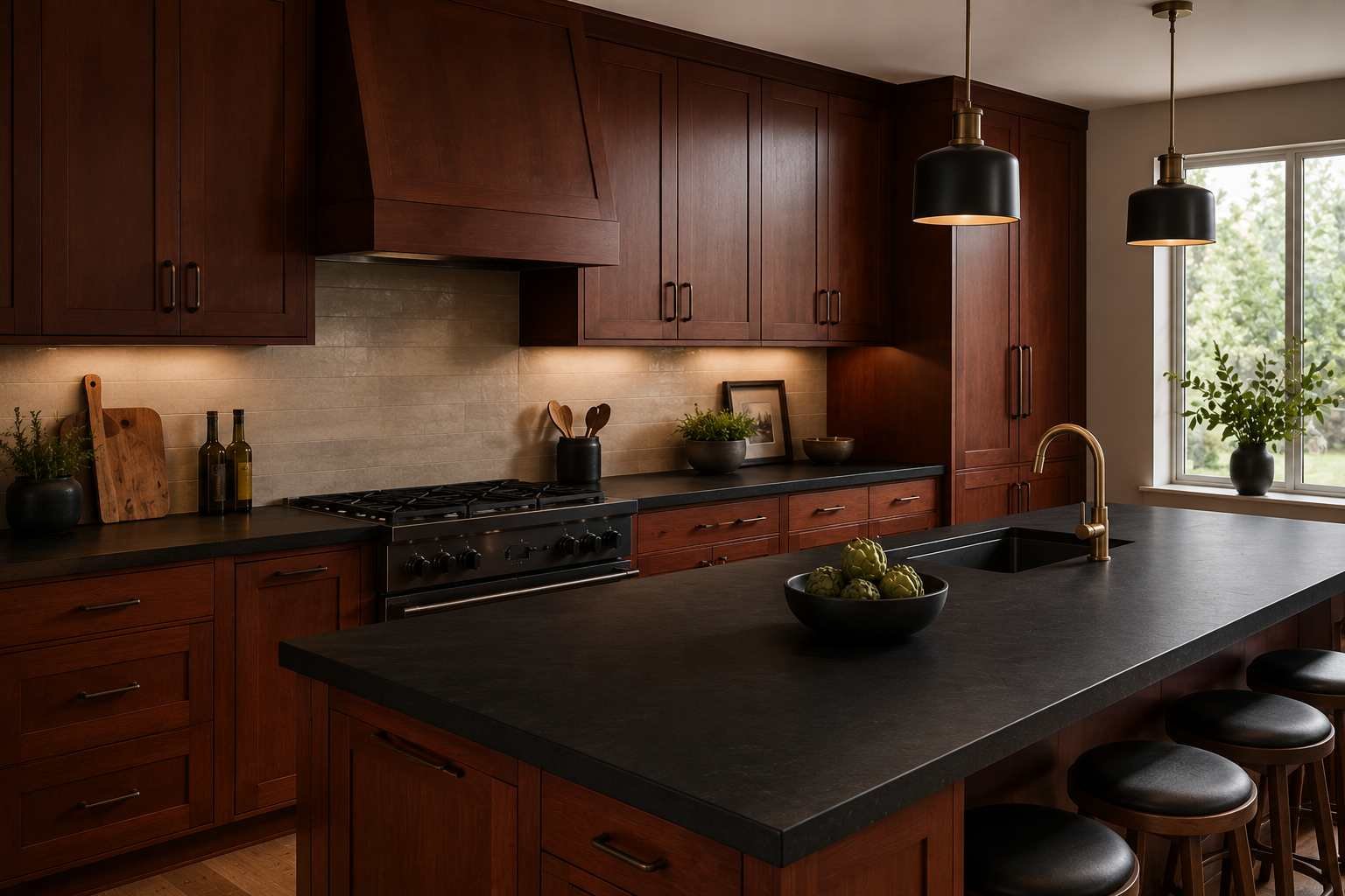Modern kitchen featuring rich cherry wood cabinets with visible natural grain, matte black quartz countertops, brushed brass hardware, a neutral backsplash, and warm natural daylight creating a sophisticated, contemporary interior.