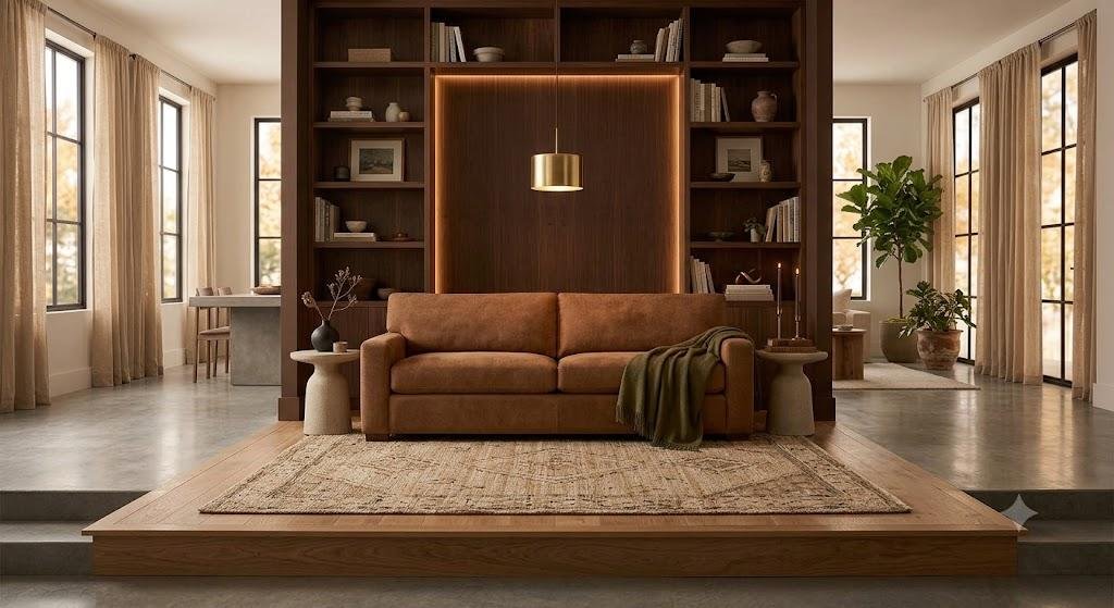 Chestnut suede tuxedo sofa on a raised platform against tonal
chocolate walls, shot straight-on, with a brass pendant and open space beyond.