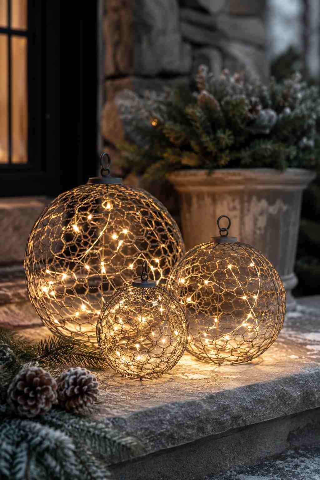 Three glowing wire sphere lanterns with warm fairy lights decorate a snowy front porch beside evergreen branches and pinecones.