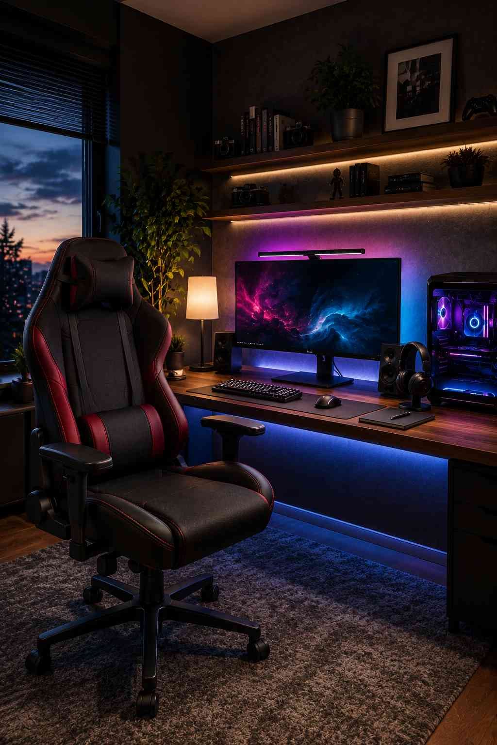 A cozy, modern gaming room featuring a comfortable ergonomic gaming chair in black with red accents, positioned at a clean wooden desk with an ultrawide monitor, subtle RGB lighting, a gaming PC, warm ambient lighting, floating shelves, and indoor plants, creating a stylish workspace designed for long hours of gaming and productivity.