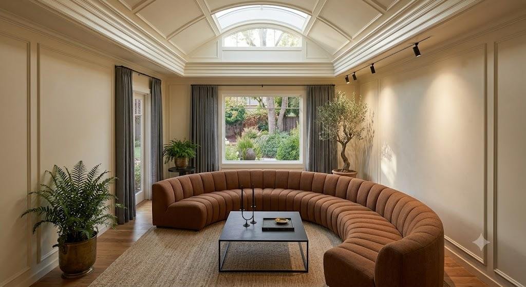 Cinnamon herringbone wool curved sofa under an arched
skylight, on cream molded walls, shot from an elevated angle with a tall fern nearby.