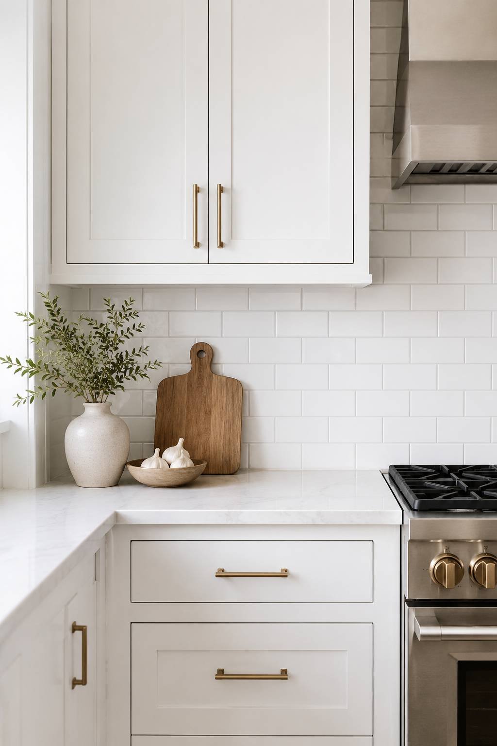 Bright white kitchen featuring a classic 3x6 white subway tile backsplash installed in a running bond pattern, paired with white shaker cabinets, white quartz countertops, brass hardware, and stainless steel appliances for a timeless, clean look.