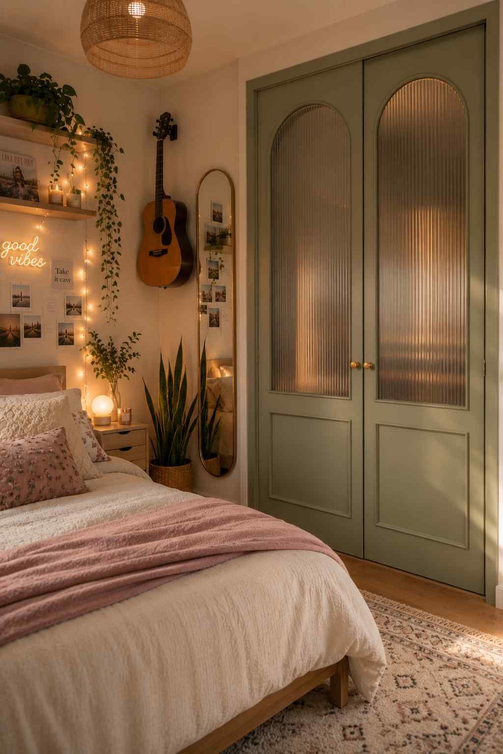 Closet doors painted in deep olive green in a modern teen bedroom