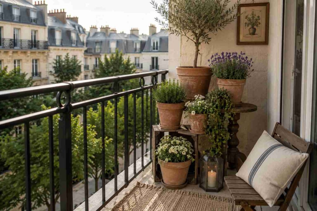 Cluster of terracotta pots with herbs and flowering plants on a small apartment balcony creating a charming and space-efficient patio garden. 