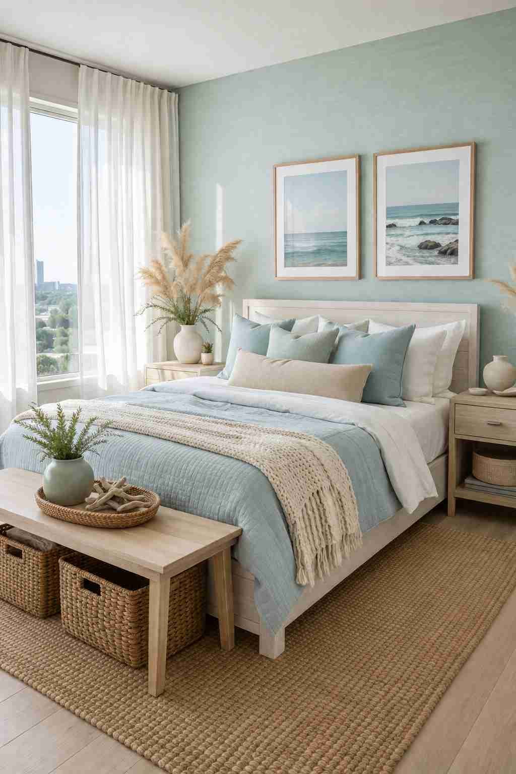 A bright and airy coastal-style bedroom with soft blue bedding, light wood furniture, woven baskets, and pampas grass accents. Large windows fill the space with natural light, while ocean-inspired artwork and calming pastel tones create a fresh, relaxing atmosphere.