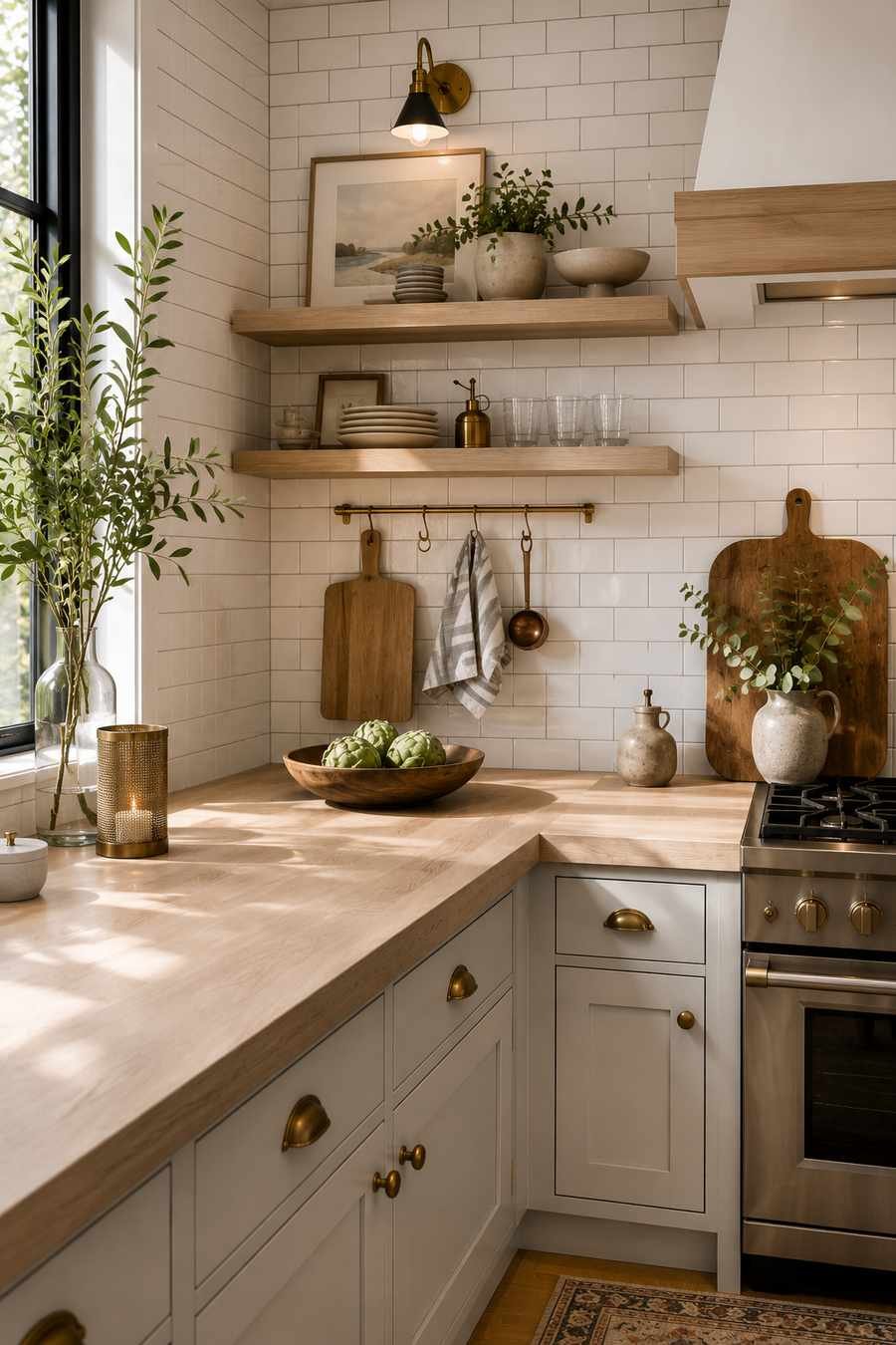 Bright coastal kitchen featuring pale butcher block countertops, white subway tile backsplash, white shaker cabinets, floating wood shelves, brass hardware, warm natural daylight, and elegant modern farmhouse styling.