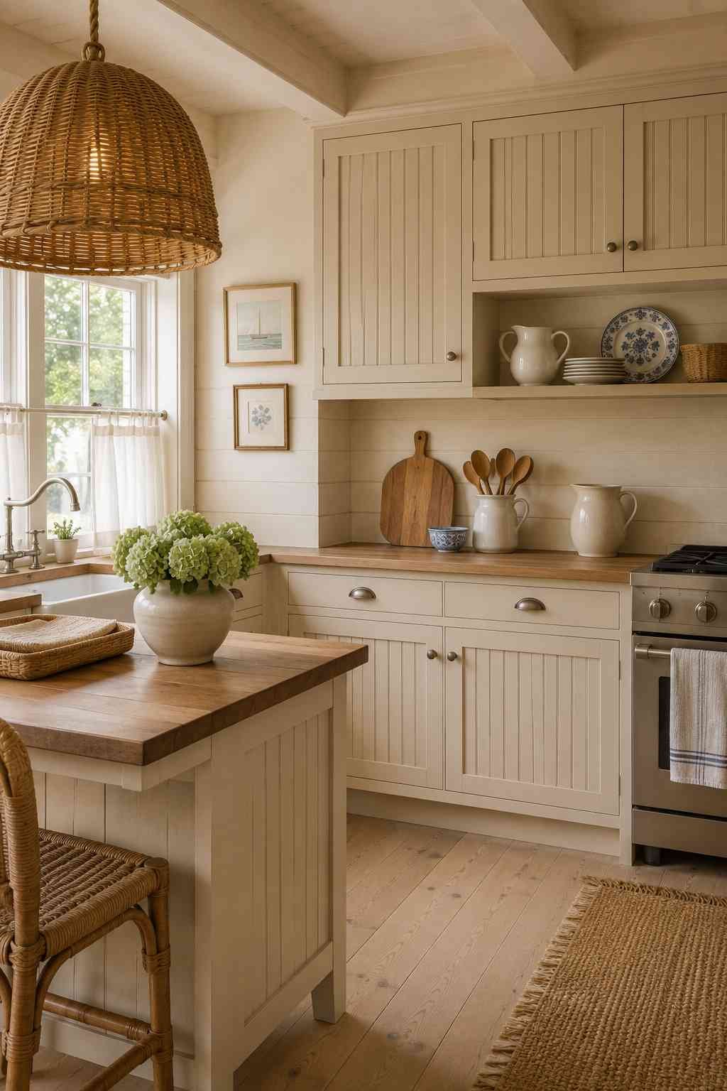 Coastal cottage kitchen featuring sandy beige beadboard cabinets, butcher block countertops, woven rattan pendant light, white oak flooring, brushed nickel hardware, and soft natural light for a warm, welcoming farmhouse-inspired design.