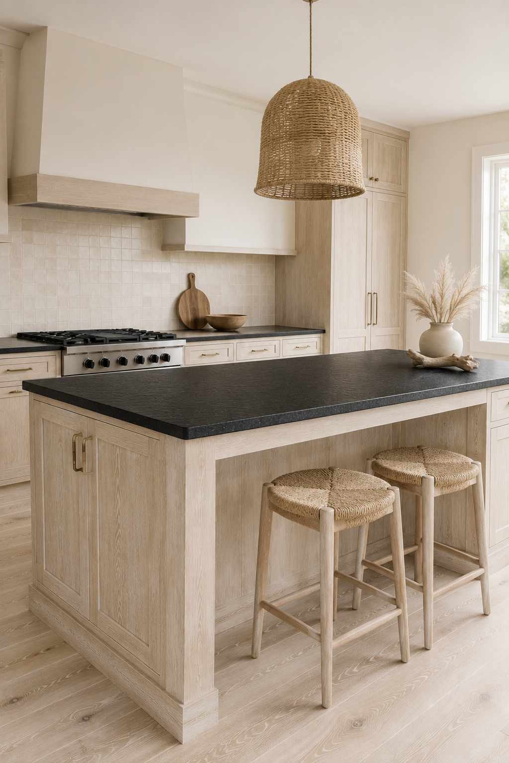 Bright coastal-style kitchen featuring a whitewashed oak kitchen island with a black leathered granite countertop, woven rattan pendant light, natural wood bar stools, handmade off-white tile backsplash, brushed brass hardware, and pale white oak flooring illuminated by soft natural daylight.