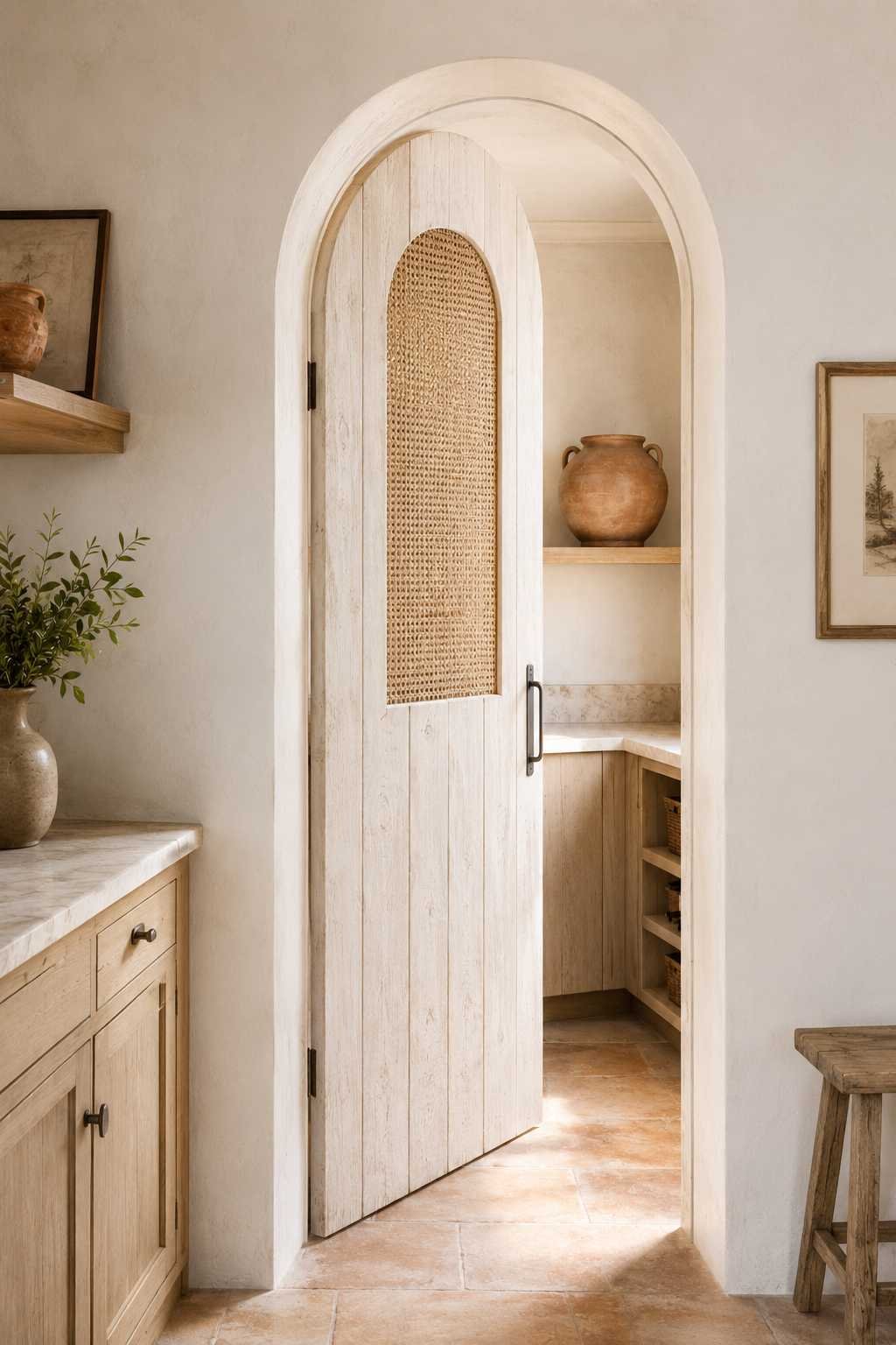Coastal Mediterranean pantry featuring a whitewashed arched doorway, cane panel pantry door, limewash walls, terracotta tile flooring, natural wood cabinetry, and a large terracotta pot in a bright, sunlit kitchen.