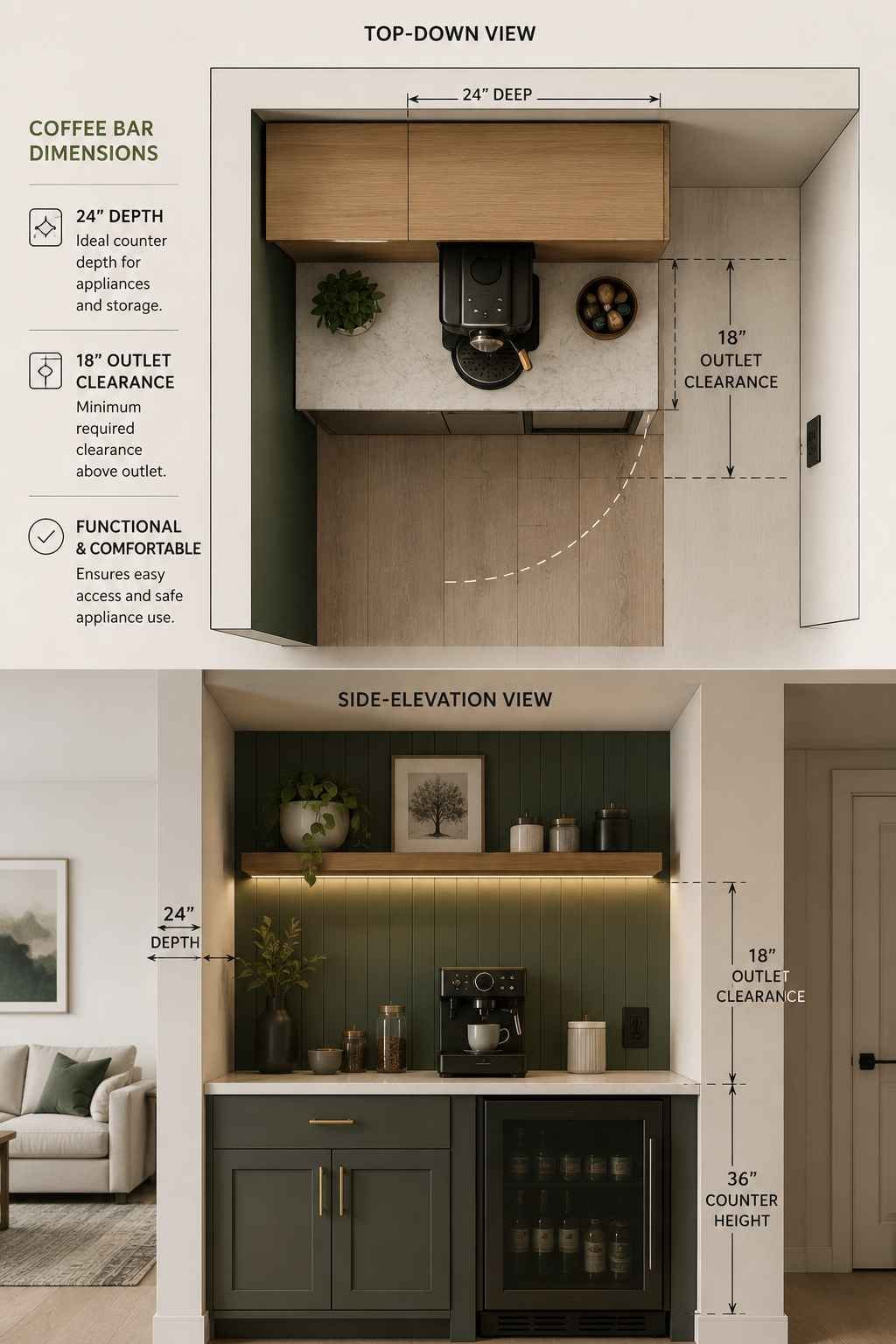 Top-down and side-view illustration showing recommended coffee bar dimensions, counter depth, and outlet clearance